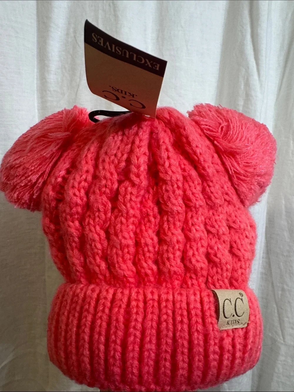 C.c. Kids Coral Pom Beanie Hat - Cute Double Pom Pom Winter Cap XS-S